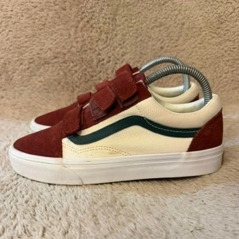 Vans Old Skool V Burgundy Cream Green Suede Canvas Triple Strap Womens Size 7.5